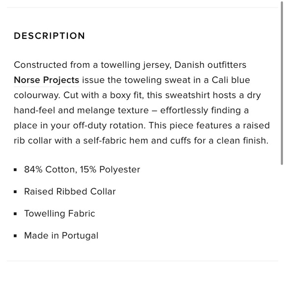 NORSE PROJECTS | RUNI DRY TOWELLING SWEAT in Cali Blue - Picture 5 of 11